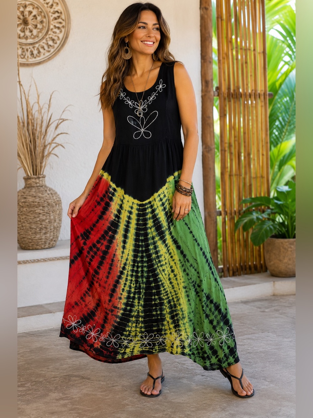 Boho Tie Dye Maxi Dress Plus Size Rasta Reggae Rhinestone Festival Rayon India